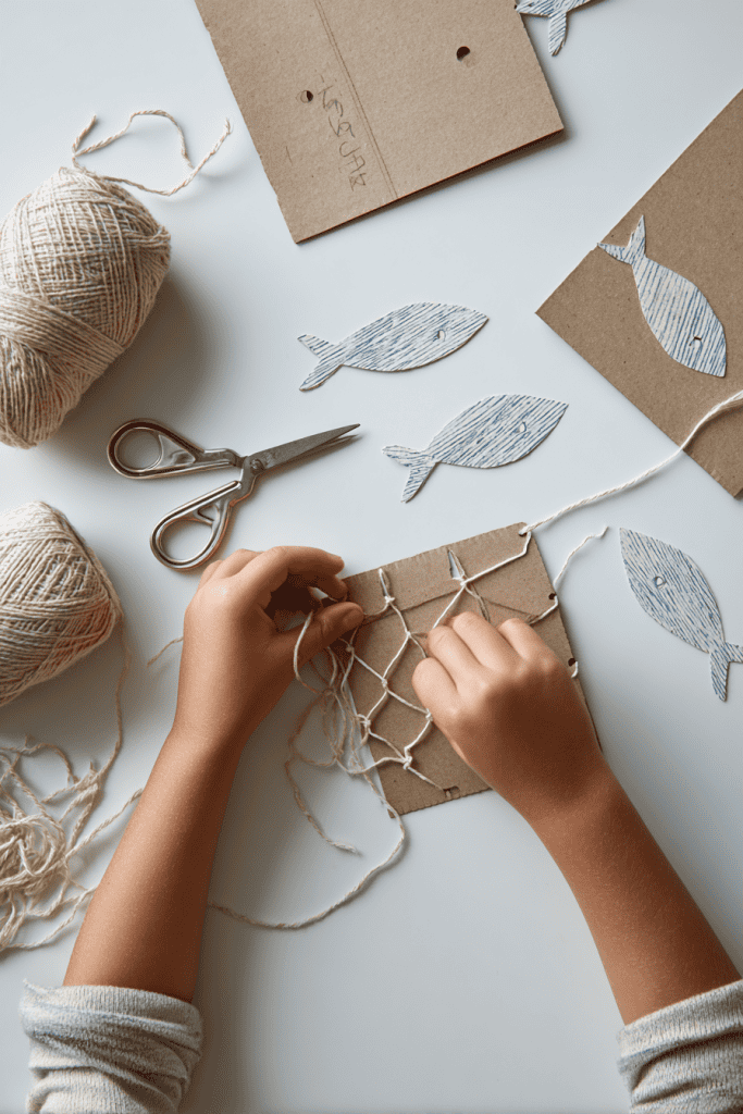 child’s hands threading cream-colored yarn through pre-punched holes on a piece of flat, raw brown cardboard to form a woven net pattern
