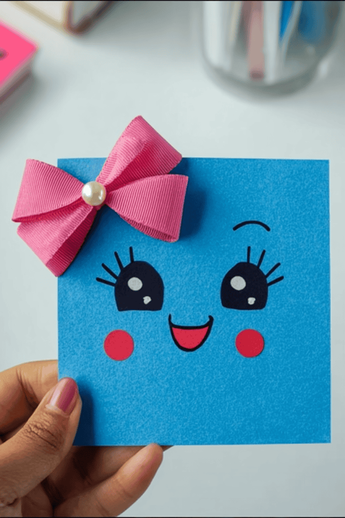 a handmade friendship blessing card crafted from blue cardstock, held by a child’s hand against a clean, bright background