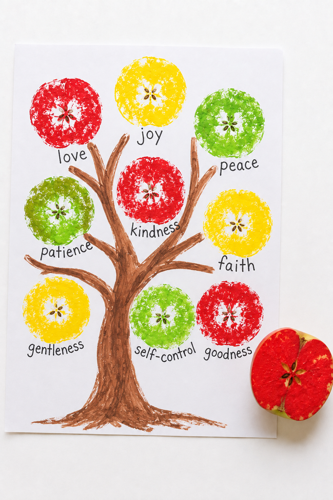 a handmade apple print tree craft with a painted trunk and stamped apple prints labeled with handwritten fruit of the Spirit words