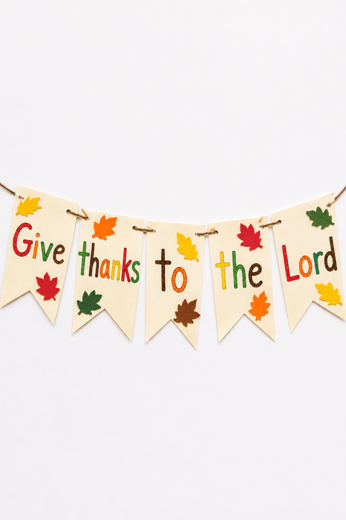 a handmade paper pennant banner on yarn with the words Give thanks to the Lord decorated in fall colors, one word on each pennant