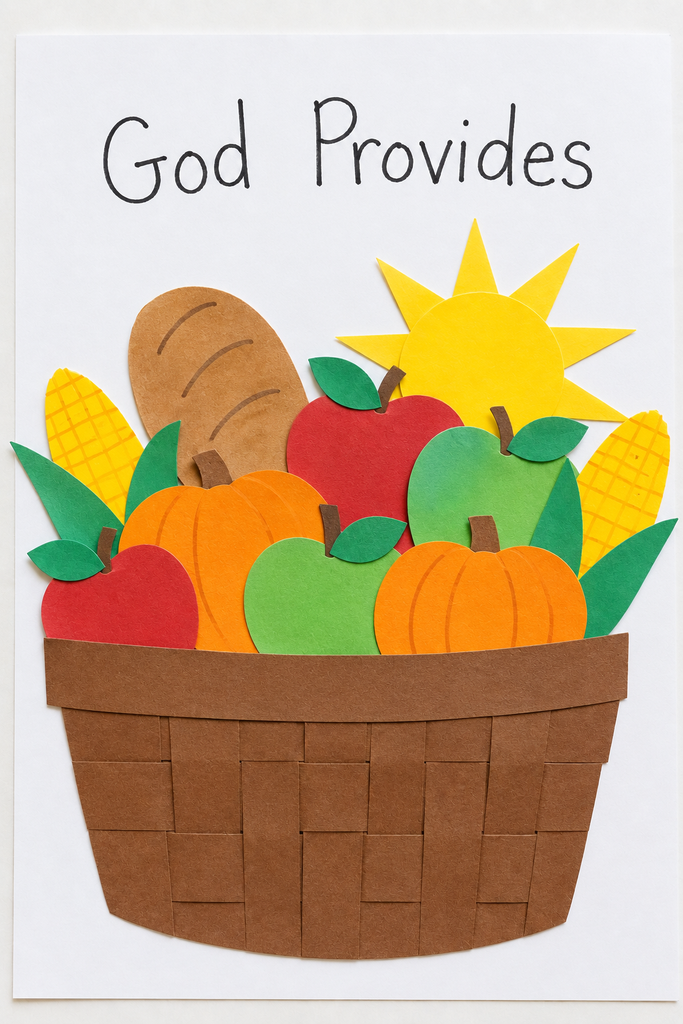 a handmade craft of a brown paper basket overflowing with paper cutouts of apples, bread, corn, and pumpkins with the words God Provides written above it