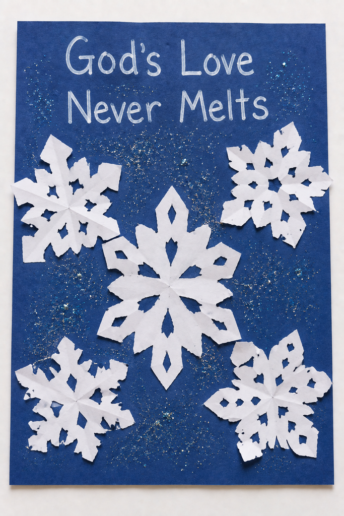a handmade craft of white paper snowflakes on dark blue cardstock with the words God's Love Never Melts written across the top