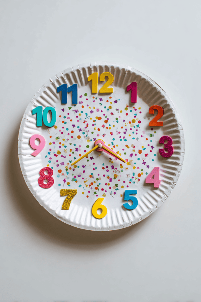 
Handmade paper plate clock craft decorated with colorful numbers, movable paper hands attached with a brad fastener, cheerful stickers and glitter pen accents