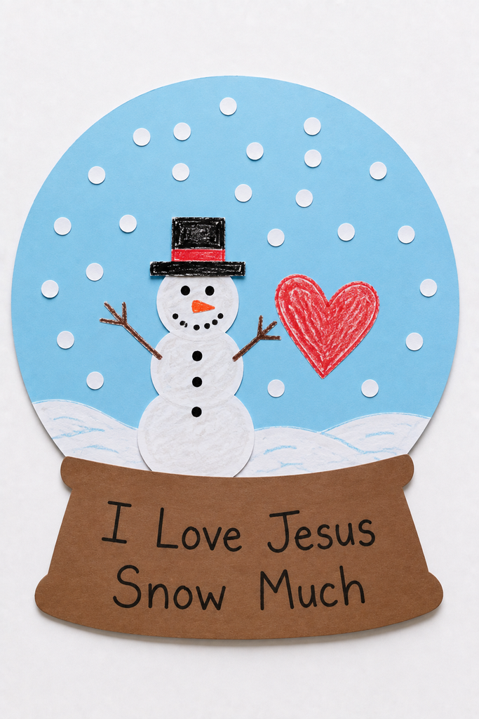 a handmade paper snow globe craft with a drawn winter scene inside and the words I Love Jesus Snow Much on the base