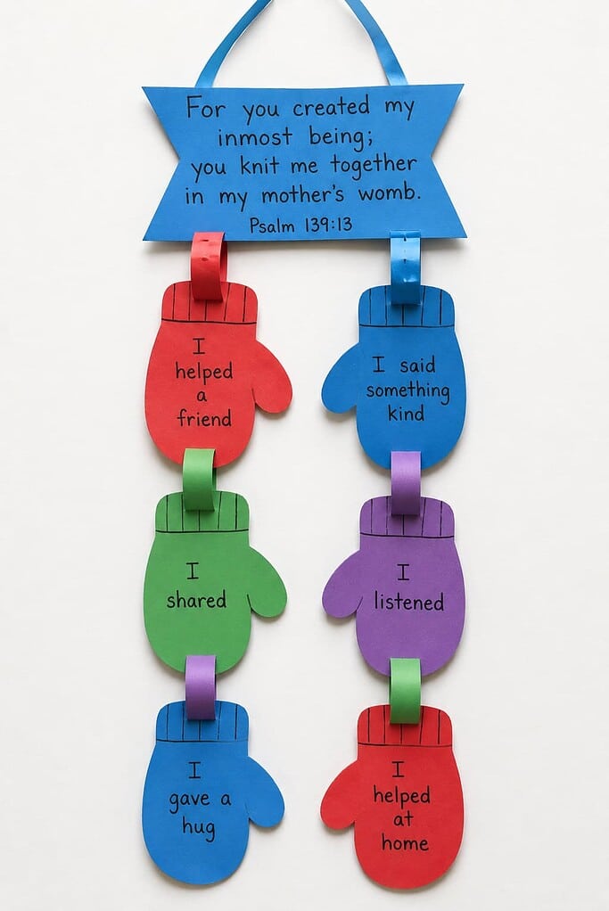 a handmade paper scarf craft with crayon stripes and fringed ends and the words Wrapped in God's Love written along it