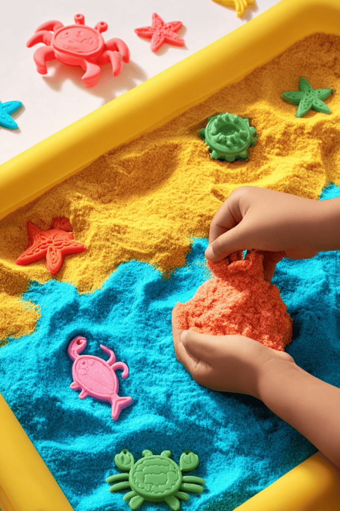 a vibrant children’s sensory play setup with colorful kinetic sand in an inflatable sandbox