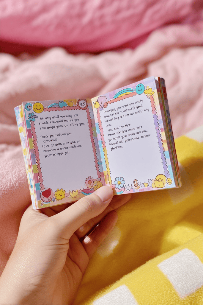 a handmade gratitude mini journal being gently held open in one hand, with both pages visible