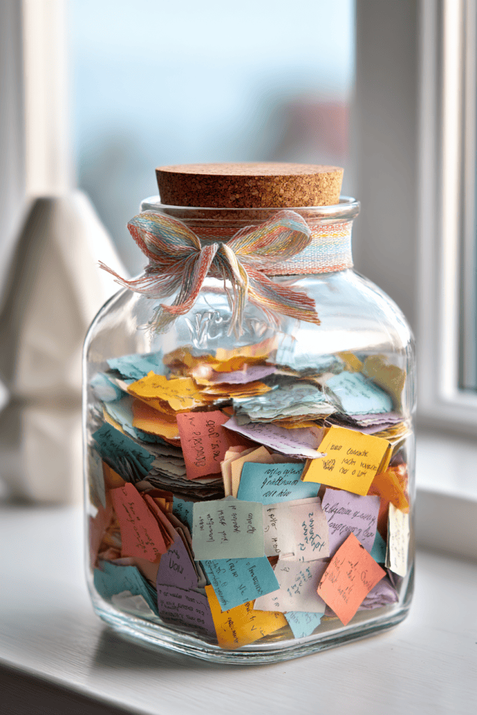 Handmade New Year’s memory jar decorated with ribbon and stickers, filled with folded paper slips labeled with memories and thankful notes
