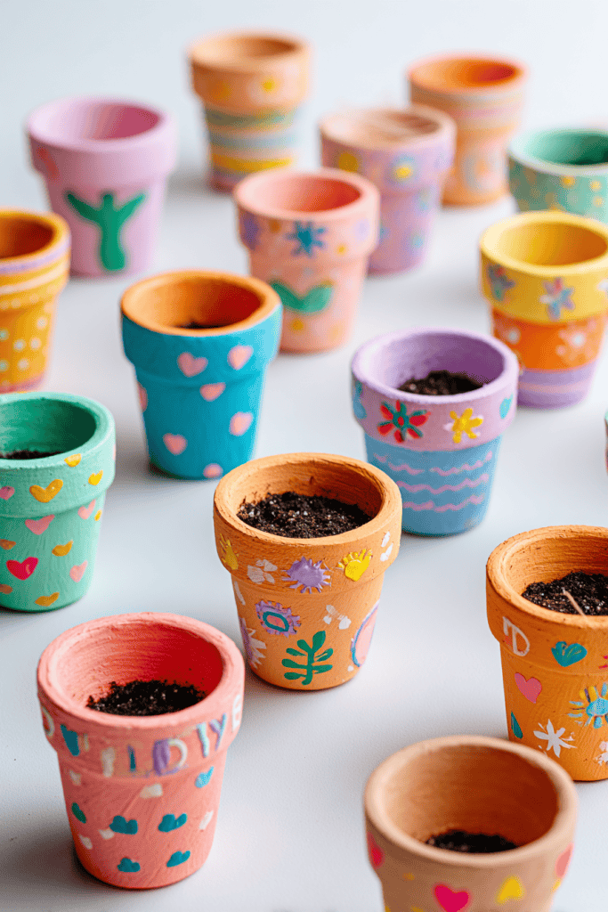 several small, hand-painted kindness flower pots created by girls, displayed on a clean white background