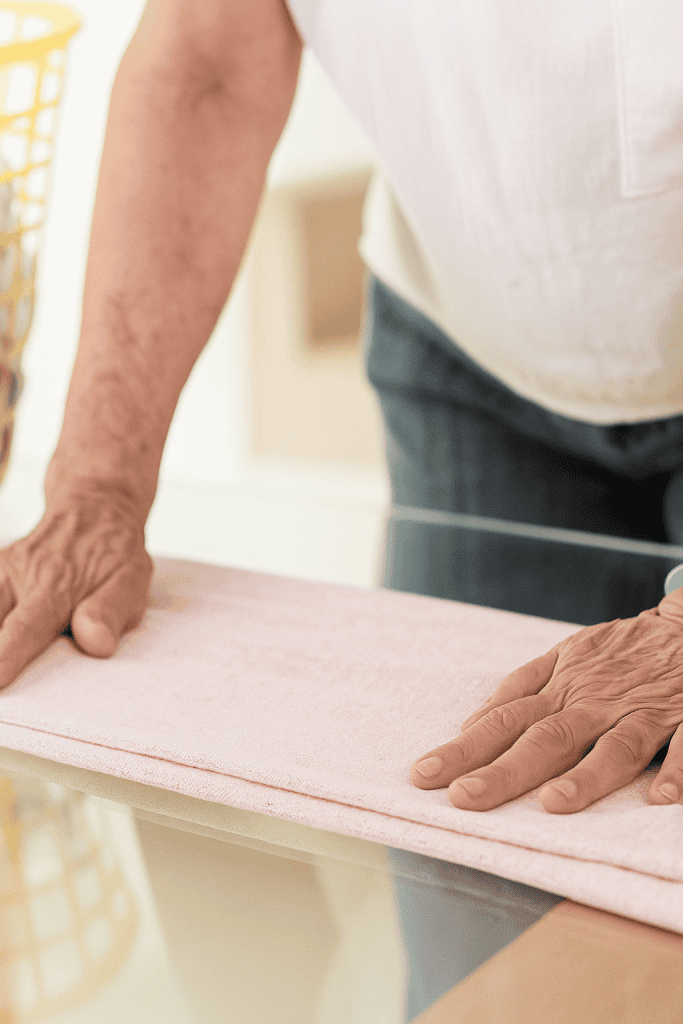a person pressing a fabric for a sewing or craft project