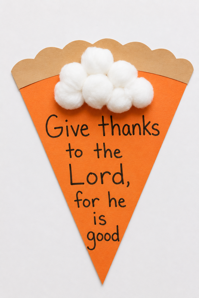 a handmade paper pumpkin pie slice craft with a tan paper crust and cotton ball whipped cream and a handwritten verse across the slice