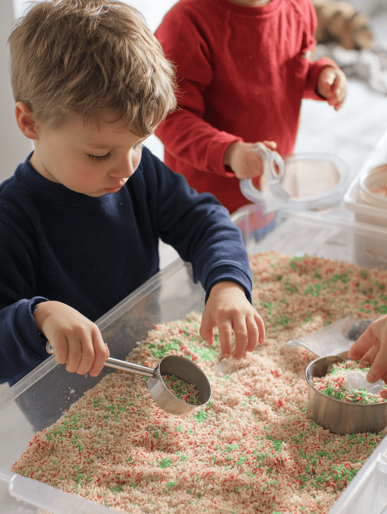 a large clear plastic bin filled with red and green dyed rice