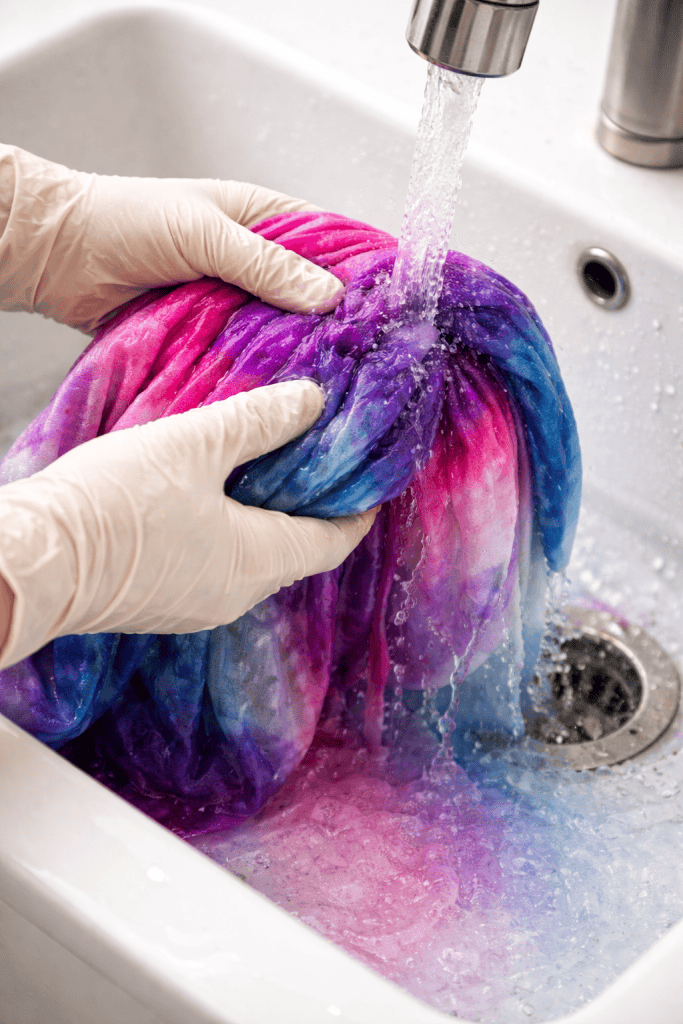 freshly dyed fabric being rinsed in a clean sink under running water.
