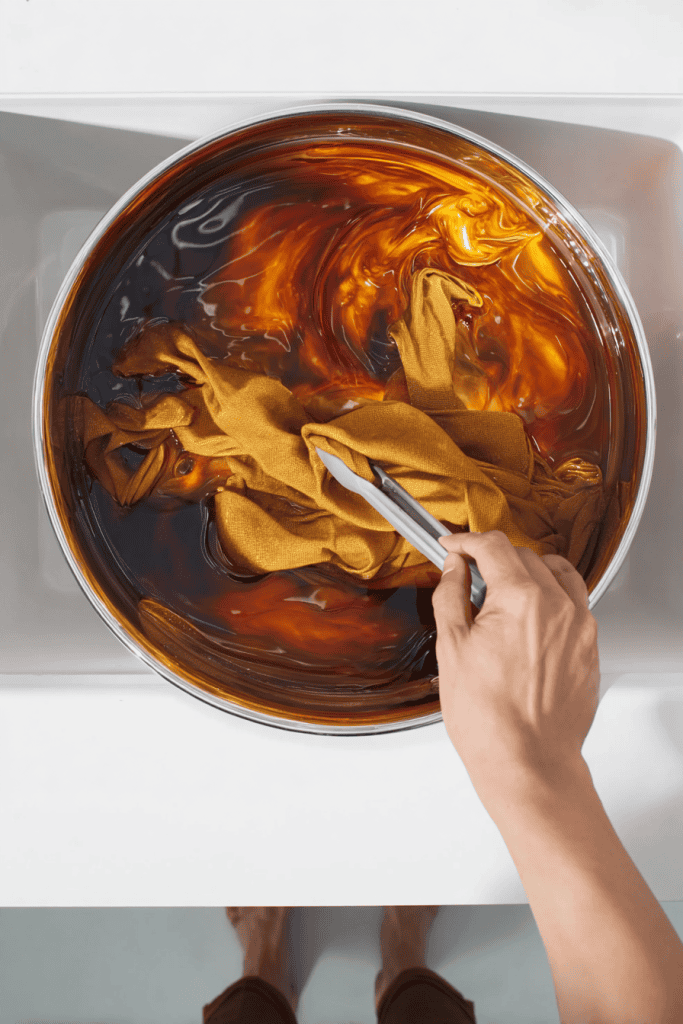 a person rinsing a fabric in a stainless steel basin placed inside a pristine white sink