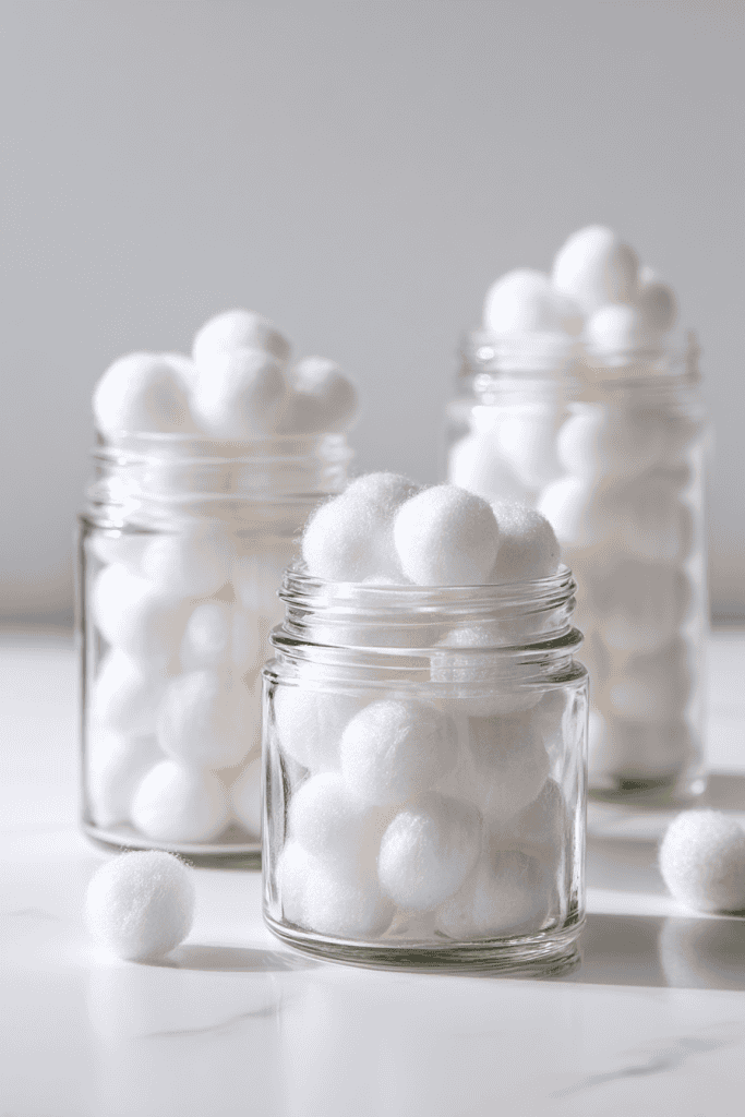 A set of small, clear glass jars filled with cotton balls scented with vanilla, lemon, peppermint, and lavender,
