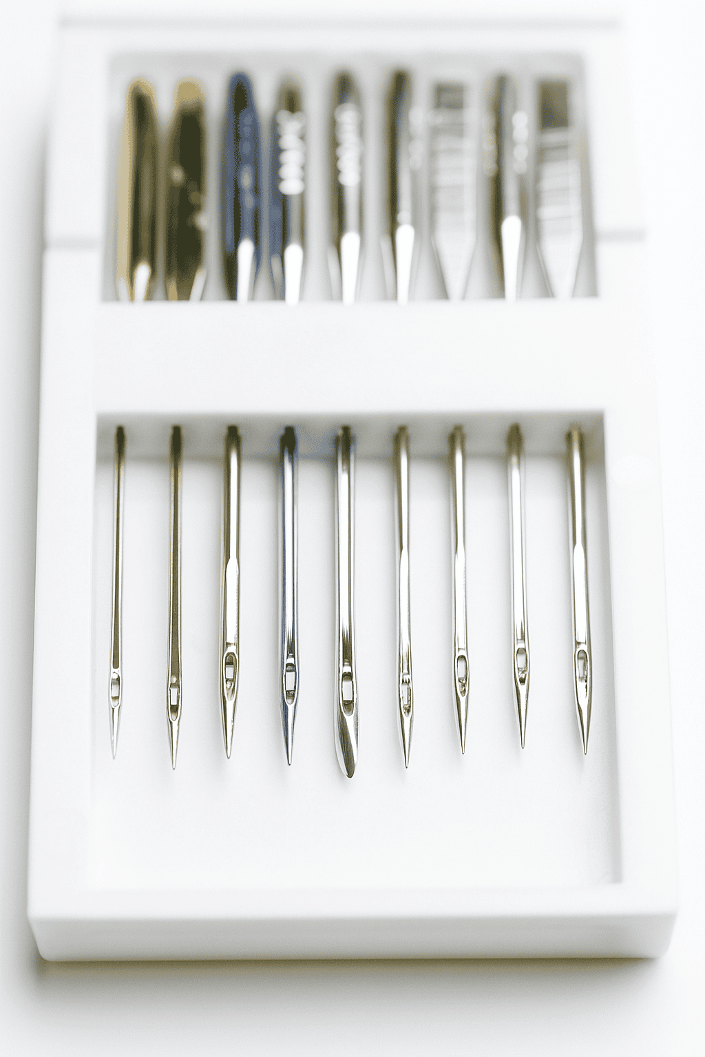 a neatly arranged set of sewing machine needles in a white plastic case