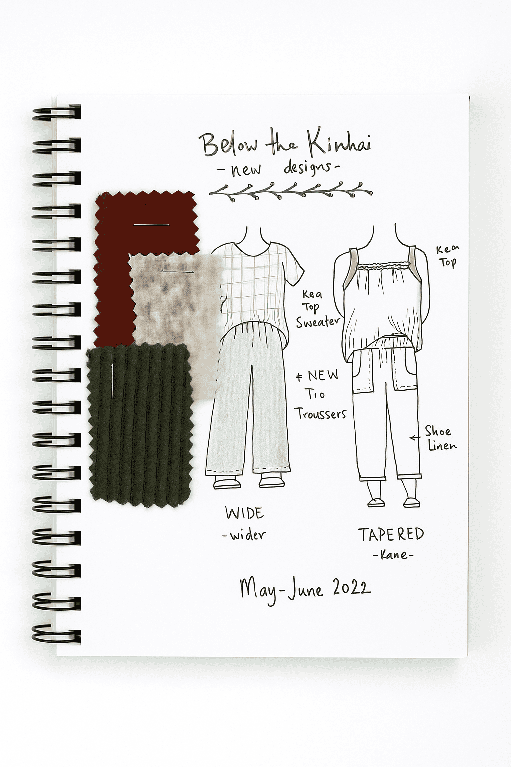 flat-lay photograph of an open fashion design sketchbook