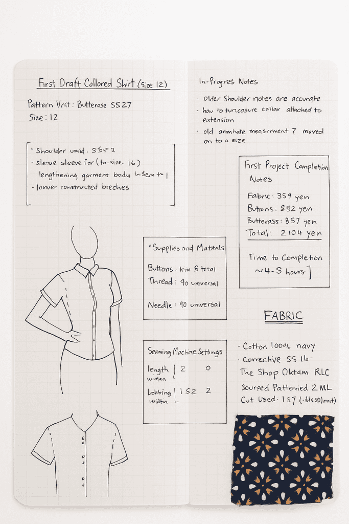 notebook lies flat on a light surface and displays the intricate planning process for a collared shirt design.
