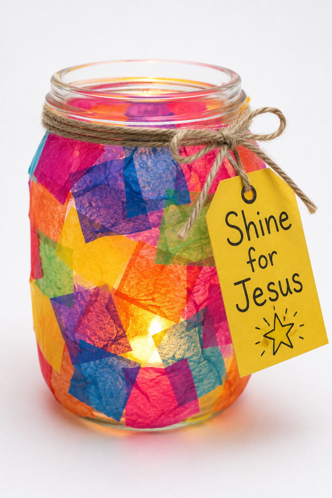 a handmade glass jar lantern covered in colored tissue paper squares glowing from within with a tag reading Shine for Jesus