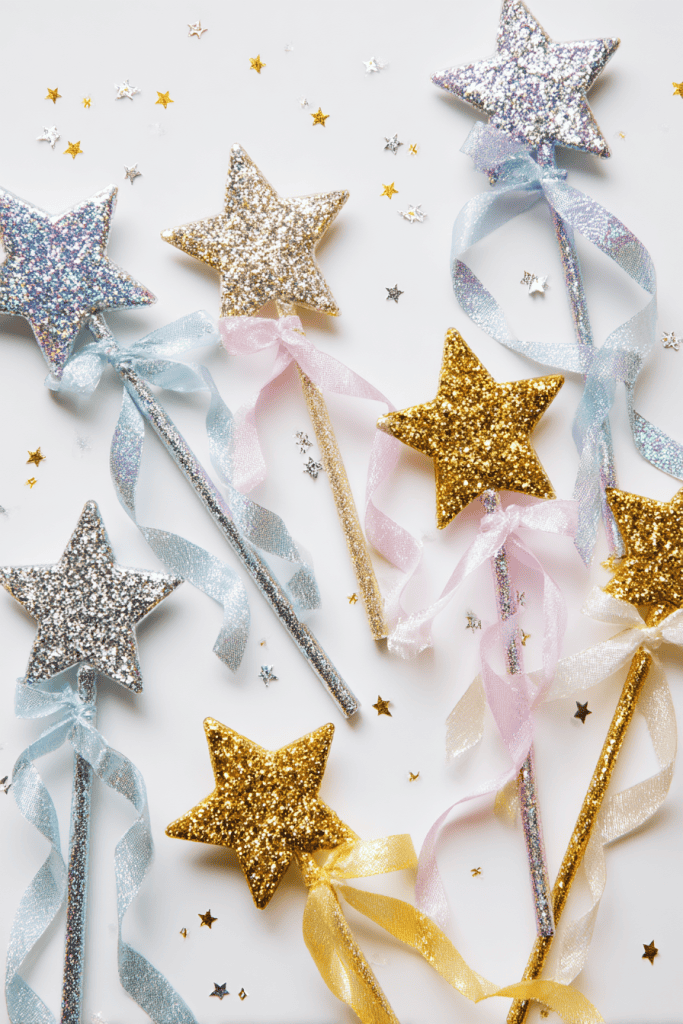 glittery handmade wands with star tops, shiny sequins, and flowing ribbon tails