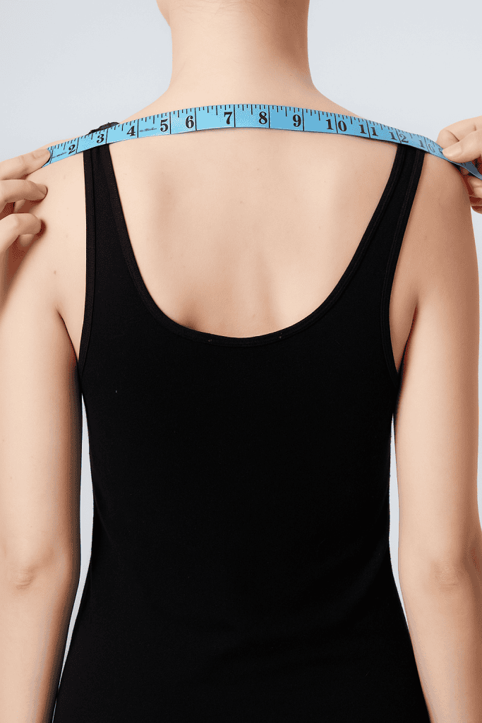 a person measuring a woman's shoulder length