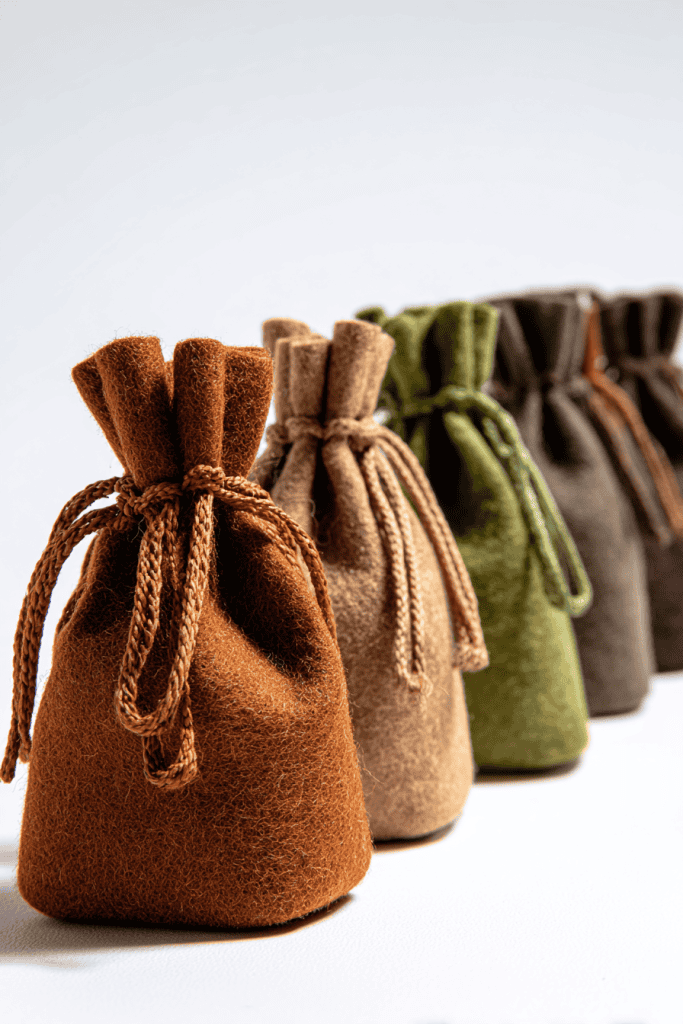 multiple finished David’s Slingshot Pouch crafts displayed in a row on a white surface