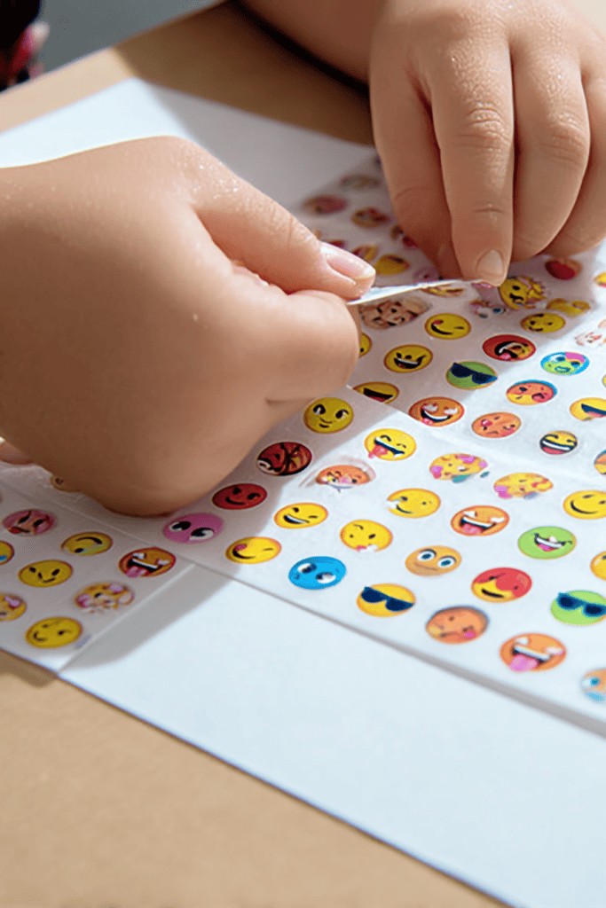 a young child engaging in a fine motor sticker activity. The image features two small hands peeling and placing colorful emoji face stickers onto a white sheet of paper. 