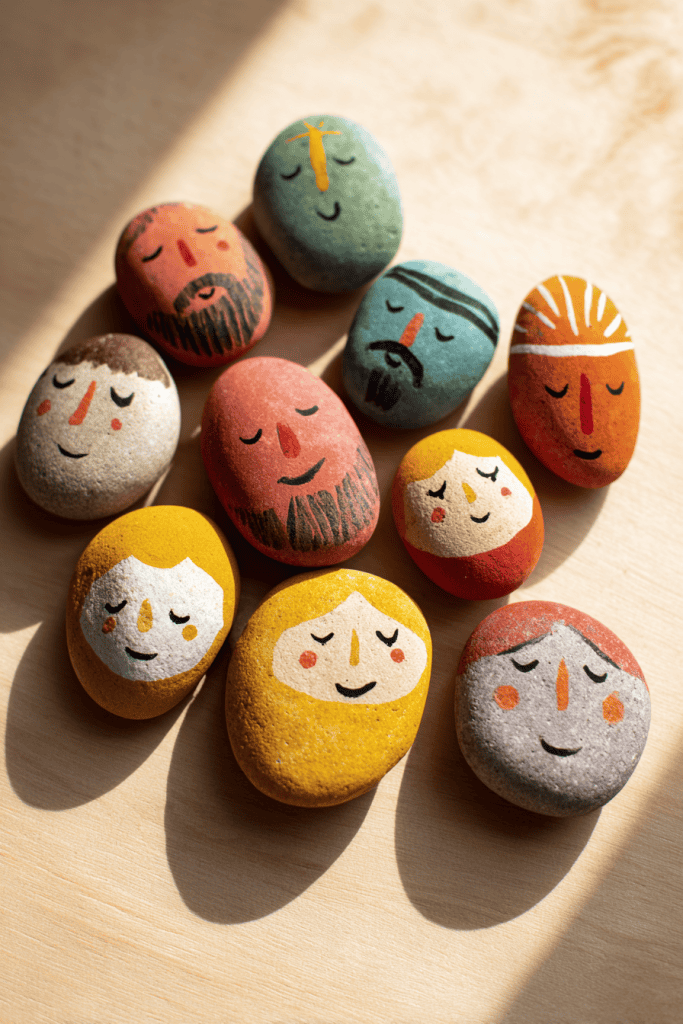 a handmade Twelve Disciples Story Stones craft, smooth painted stones with child-friendly disciple symbols or faces