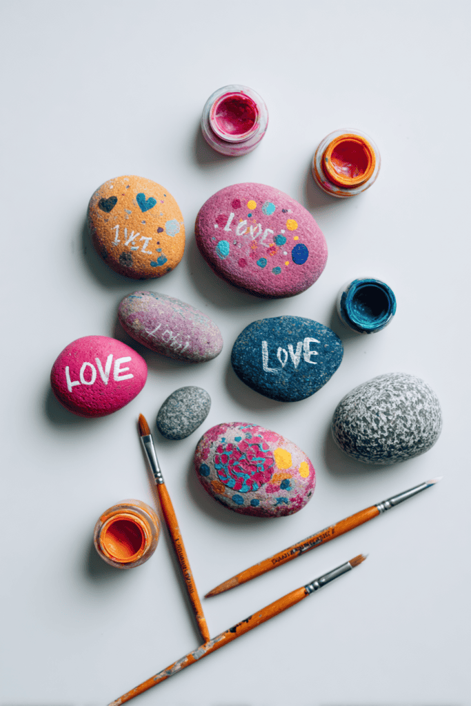 finished painted stones with positive words surrounded by small paintbrushes and paint pots