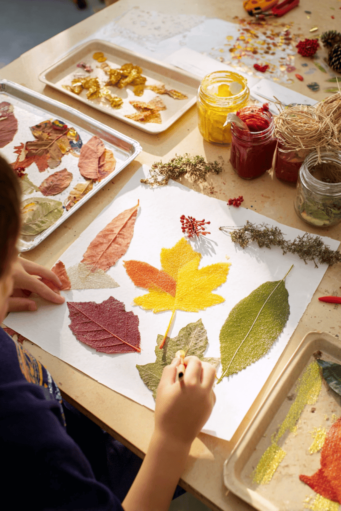 a child creating an autumn-themed leaf collage during a craft activity