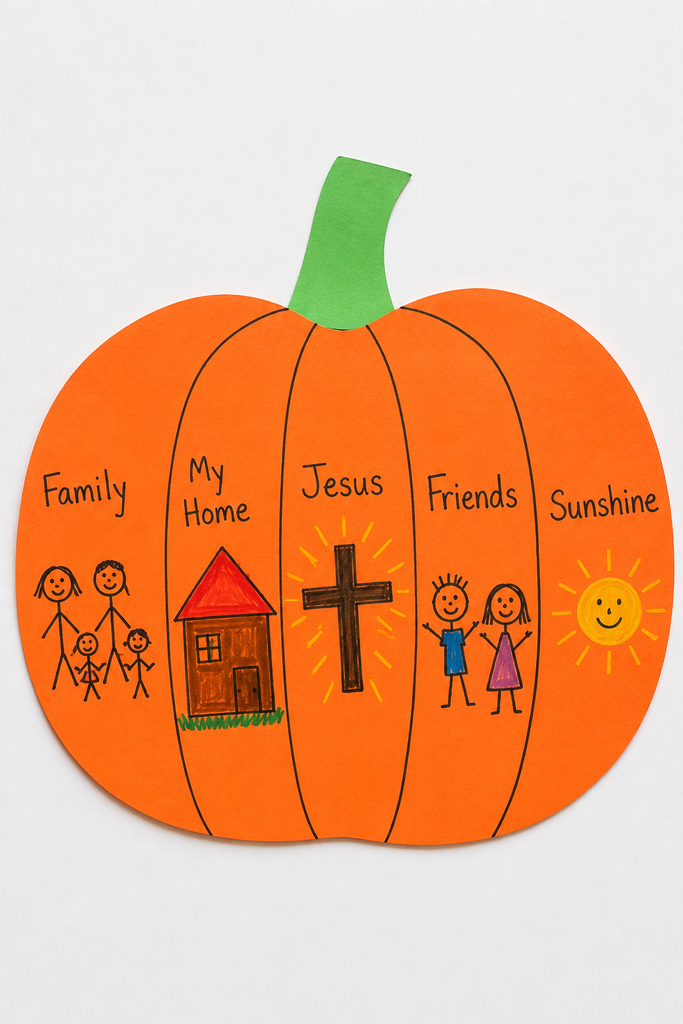 a handmade orange paper pumpkin craft divided into sections with children's drawings and handwritten words in each section