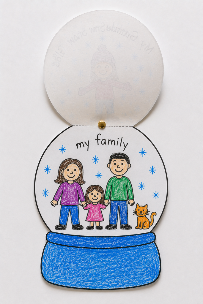 a handmade paper snow globe flip book craft with the cover flipped up to reveal a my family page drawn inside the globe