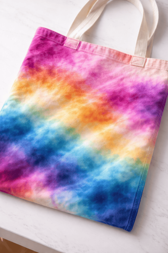 a dyed reusable tote bag laid flat on a clean white table