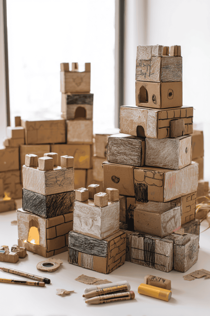 a sturdy, handcrafted wall made from small cardboard rectangles and recycled boxes, arranged in stacked layers to resemble the walls of Jericho