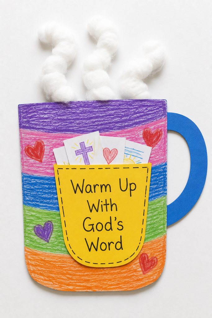 a handmade paper mug craft with cotton ball steam and a pocket reading Warm Up With God's Word holding small paper slips