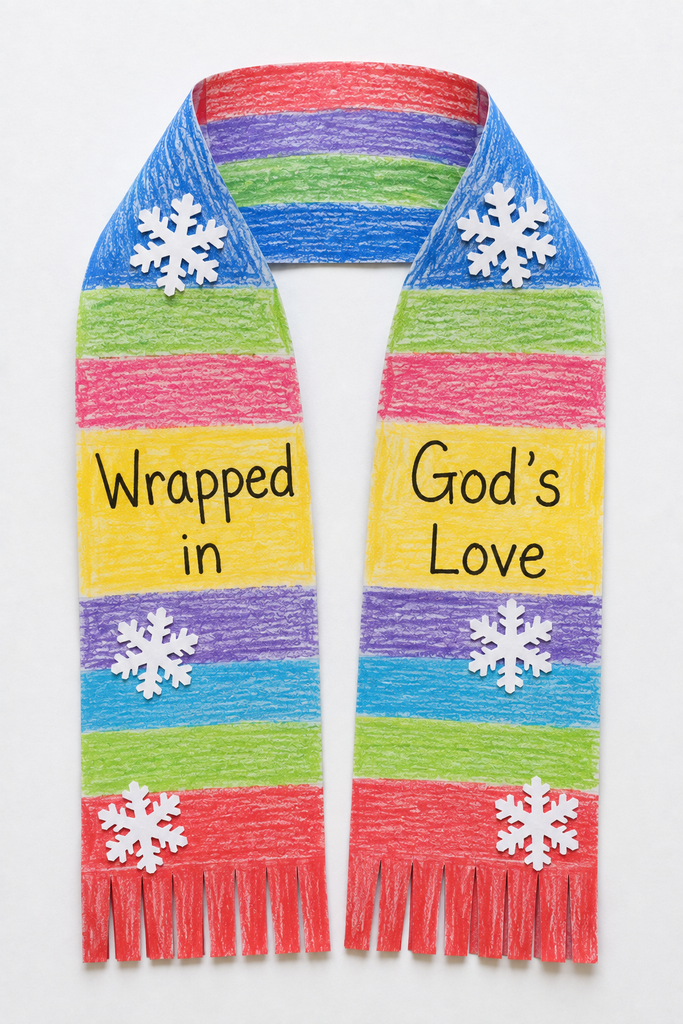 a handmade paper scarf craft with crayon stripes and fringed ends and the words Wrapped in God's Love written along it