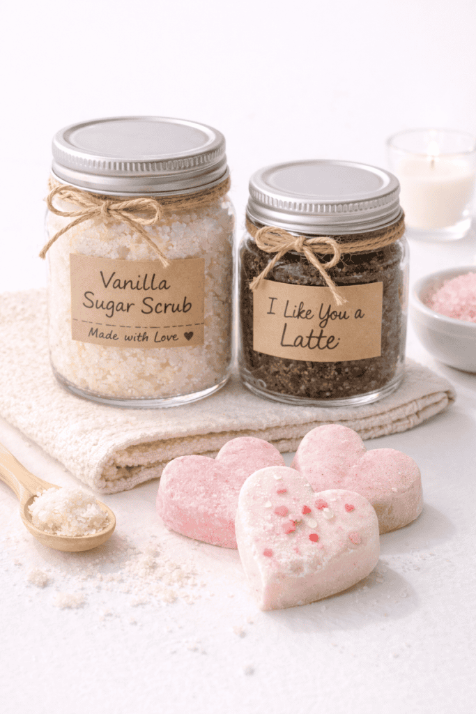 DIY spa gift set with vanilla sugar scrub, coffee scrub, and heart-shaped bath bombs on white background