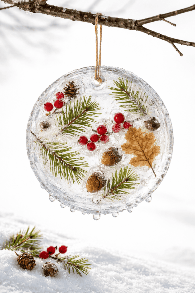 Frozen circular ice sun catcher hanging from a tree branch, embedded with pine sprigs, red berries, leaves, and pinecones