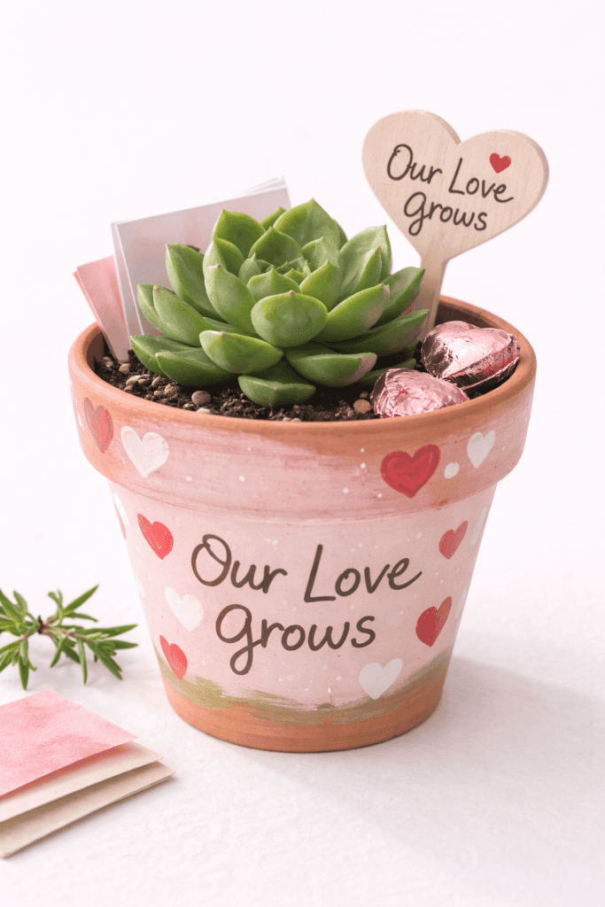 Hand-painted terra cotta pot with red hearts and the phrase “Our Love Grows,” holding a green succulent