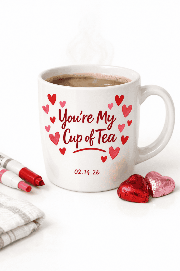 White ceramic mug decorated with hand-drawn red and pink hearts