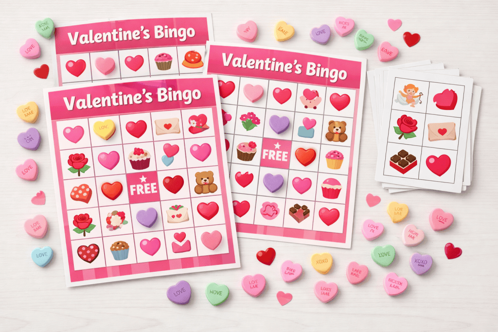 a Valentine’s Day Bingo game setup displayed on a light wood table.