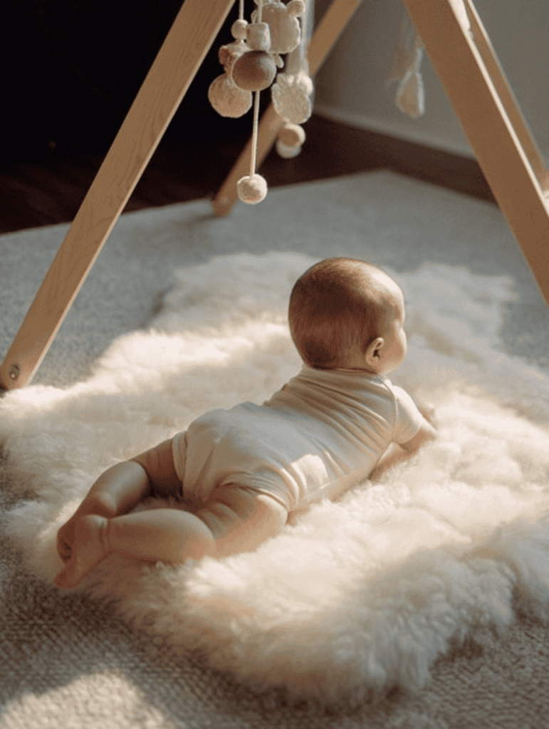 a baby lying on their stomach on a plush, ivory-white sheepskin rug in a cozy, softly lit room.