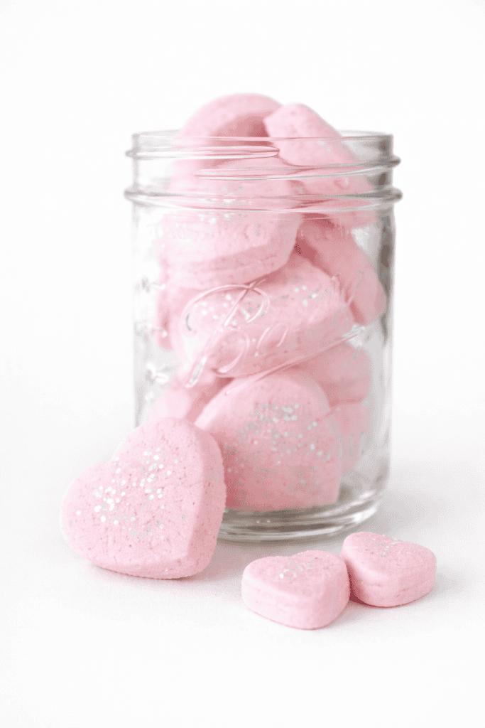 heart-shaped Valentine’s bath treats (bath bombs or bath melts) displayed in a clear glass mason jar