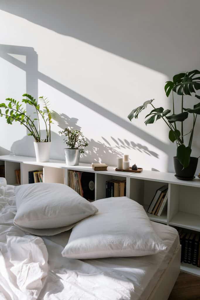 White Bed and Pillows Near White Wooden Bookshelf
