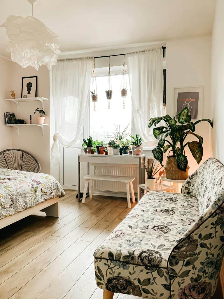 a cozy, bohemian-style bedroom bathed in soft natural light.