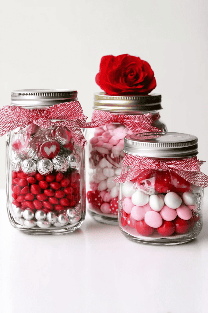 Valentine’s Day candy jars styled as a charming homemade gift set.
