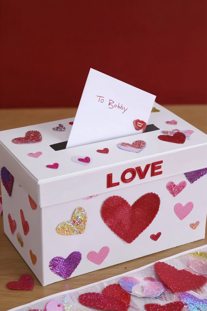 a handmade Valentine’s Day card box designed for a school classroom setting.