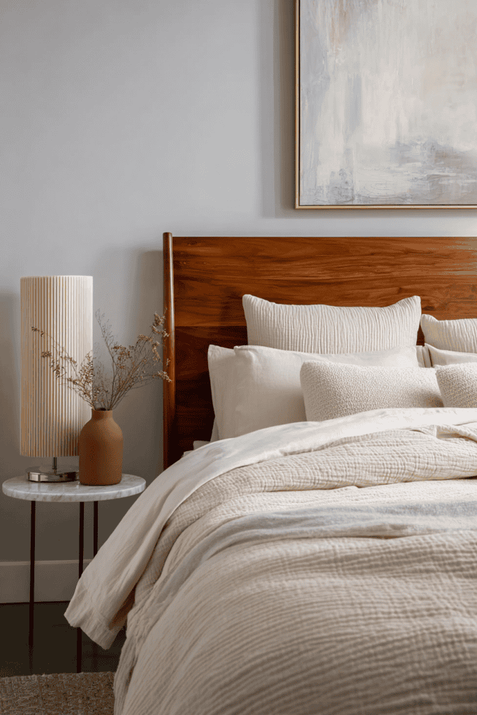 a serene, minimalist bedroom with a warm, modern aesthetic