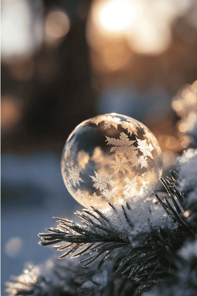 A delicate frozen soap bubble resting on snow-covered evergreen needles, filled with intricate crystalline frost patterns shaped like tiny stars and feathers