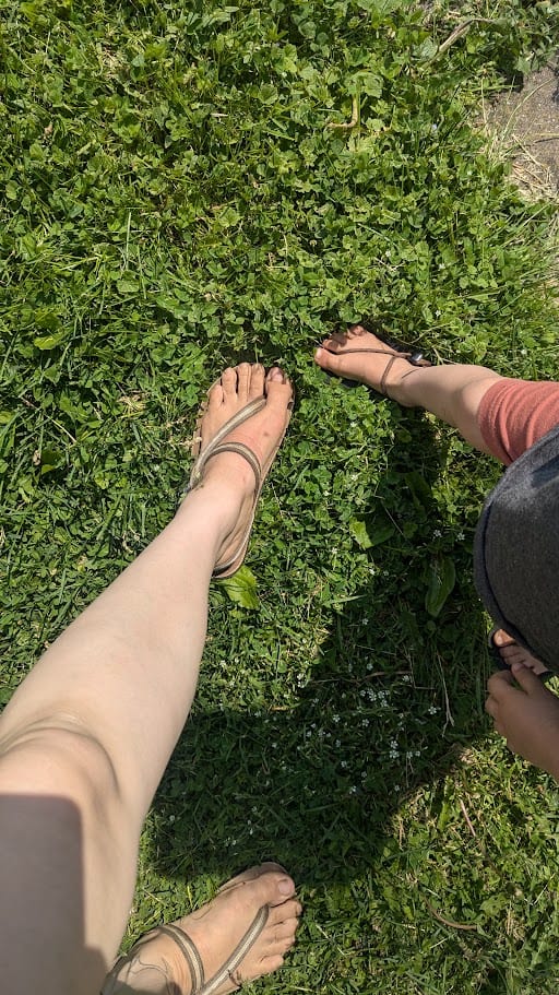 two people wearing Earth Runner sandals standing on a lush, vibrant patch of clover-covered grass on a sunny day